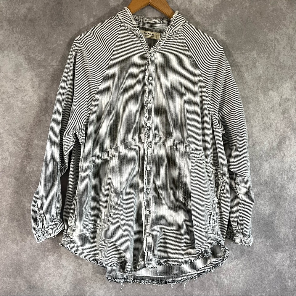 We The Free Button Down Women XS‎ Blue White Striped Frayed Hem Oversized Shirt